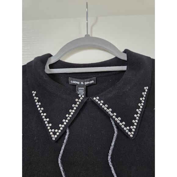 Cable & Gauge Rhinestone Glitter Black Silver Collared Chic Sweater NWT Medium - Picture 5 of 13